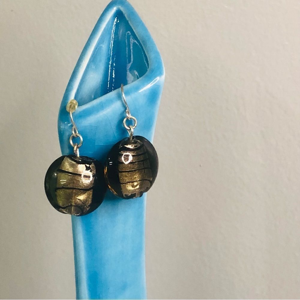 vintage smoky gray black round glass earrings dangle 1 inch